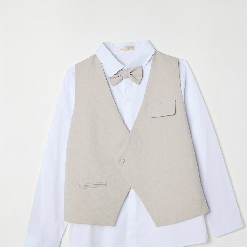 victor and jane boys 4-piece formal set featuring a beige waistcoat, white dress shirt, and matching bow tie