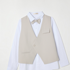 victor and jane boys 4-piece formal set featuring a beige waistcoat, white dress shirt, and matching bow tie