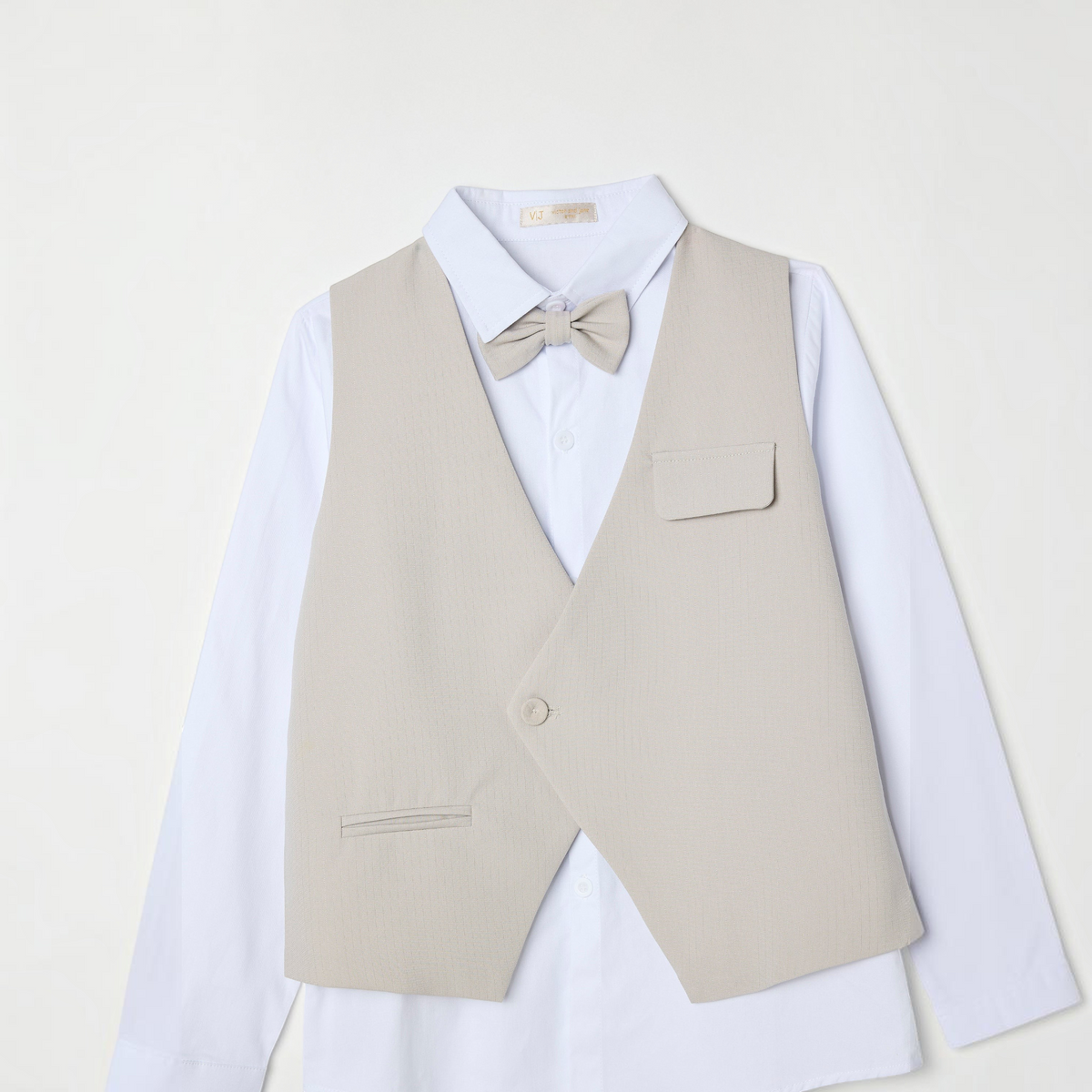 victor and jane boys 4-piece formal set featuring a beige waistcoat, white dress shirt, and matching bow tie