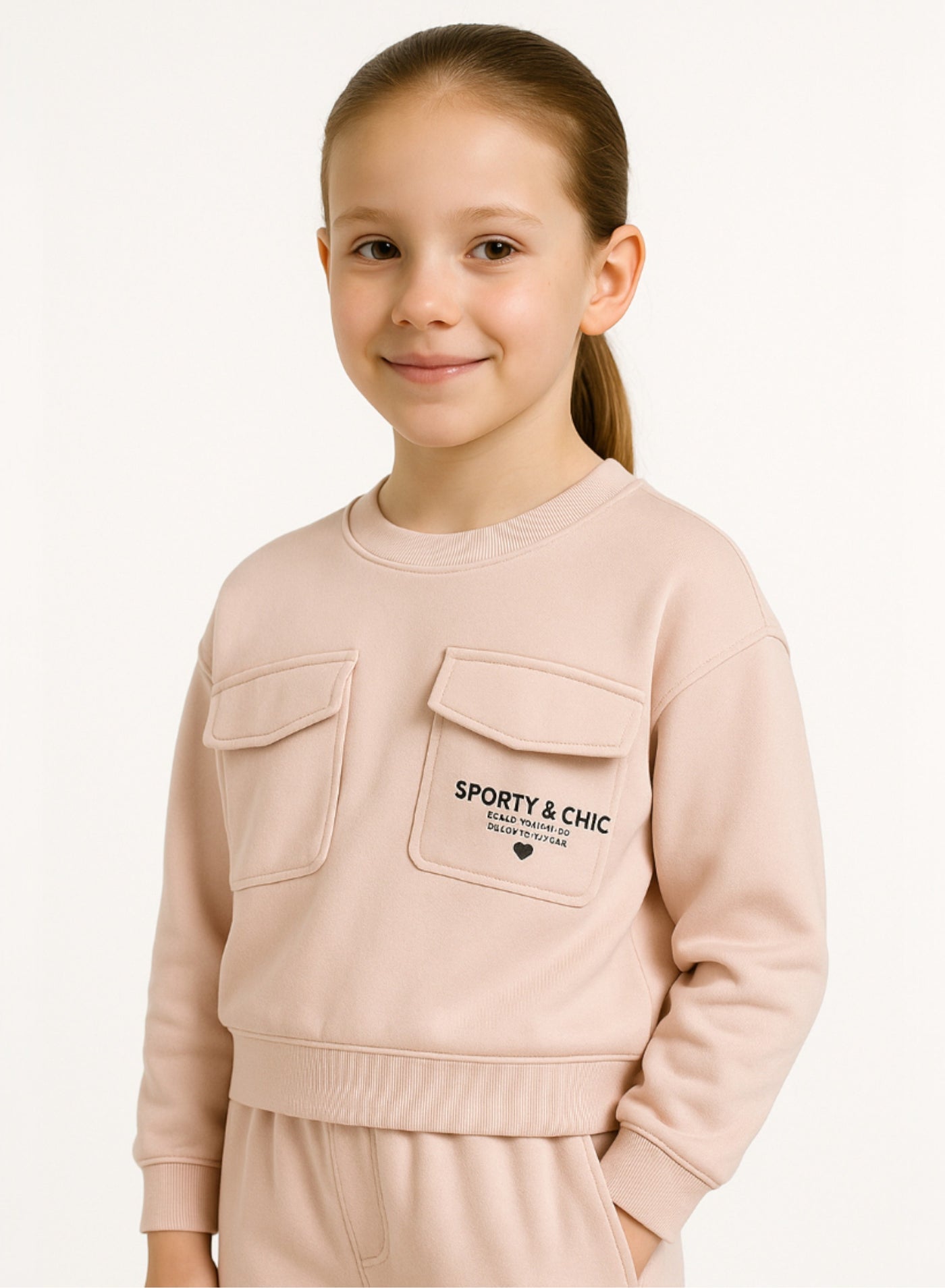 Girls Cargo Pocket Fleece Tracksuit “ Pink 2-Piece Set