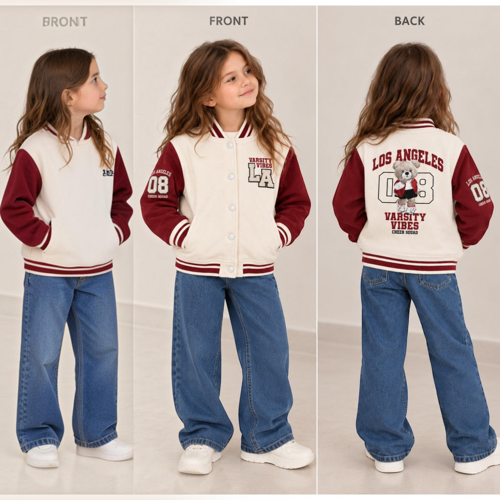 victor and jane girls varsity jacket in cream and burgundy fleece with Los Angeles bear graphic on back