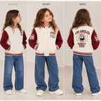 victor and jane girls varsity jacket in cream and burgundy fleece with Los Angeles bear graphic on back