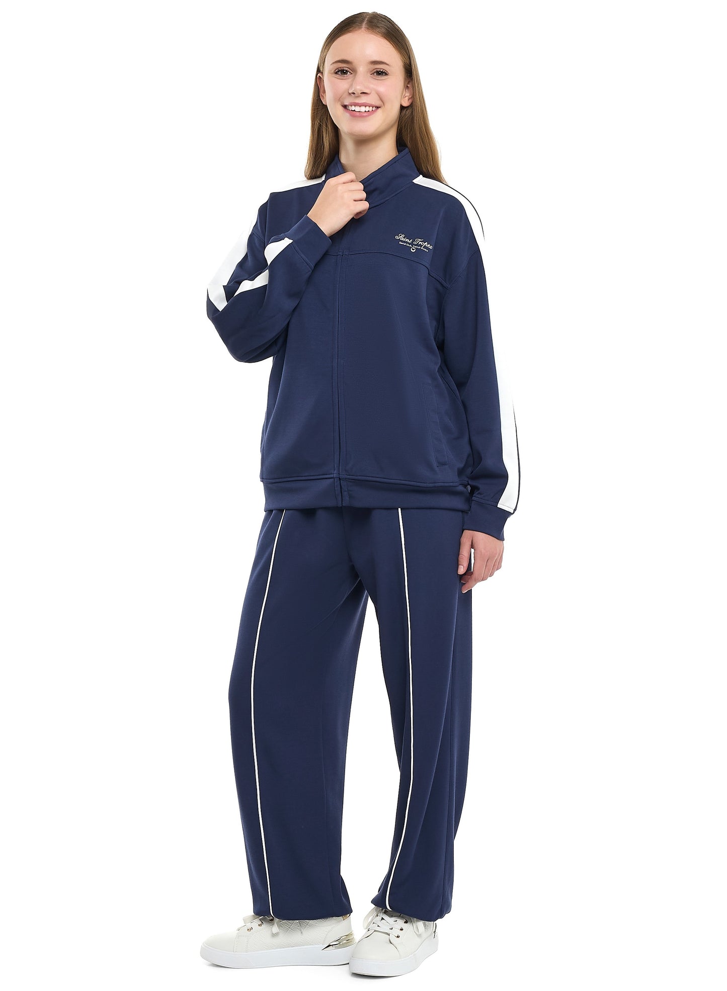 Ladies Navy Striped Track Set – Zip-Up Jacket & Joggers