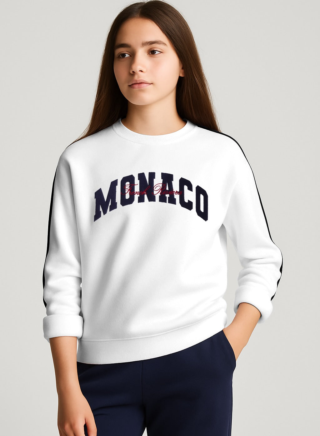 Œmonaco” Girls' Varsity Sweatshirt “ Off-White | 100% Cotton Fleece |