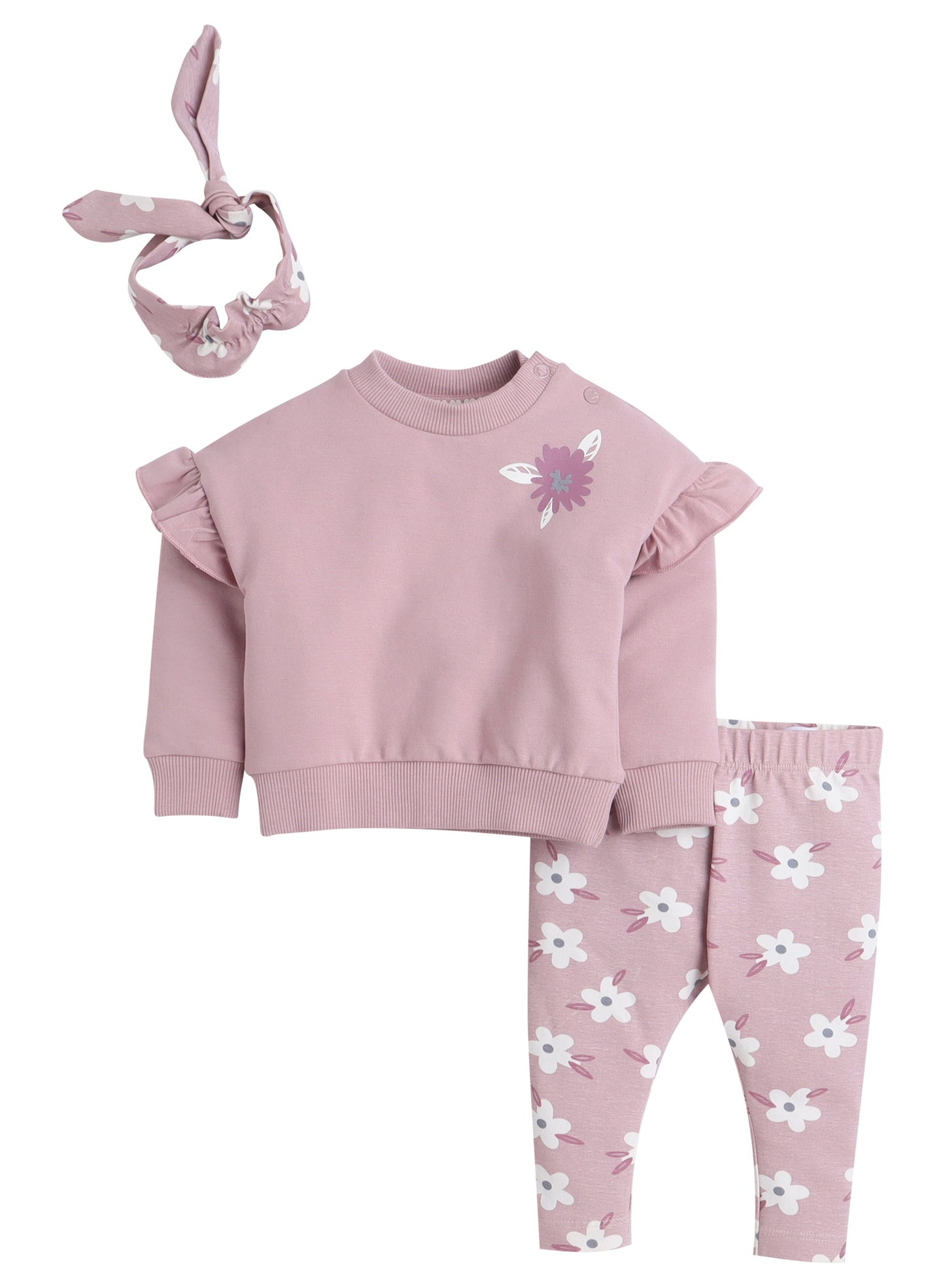 Girls Pink Floral Ruffle Fleece 3-Piece Set (12 M-4 Y)