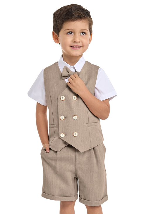 Neutral/Beige Waistcoat And Short Set With Shirt And Bow Tie