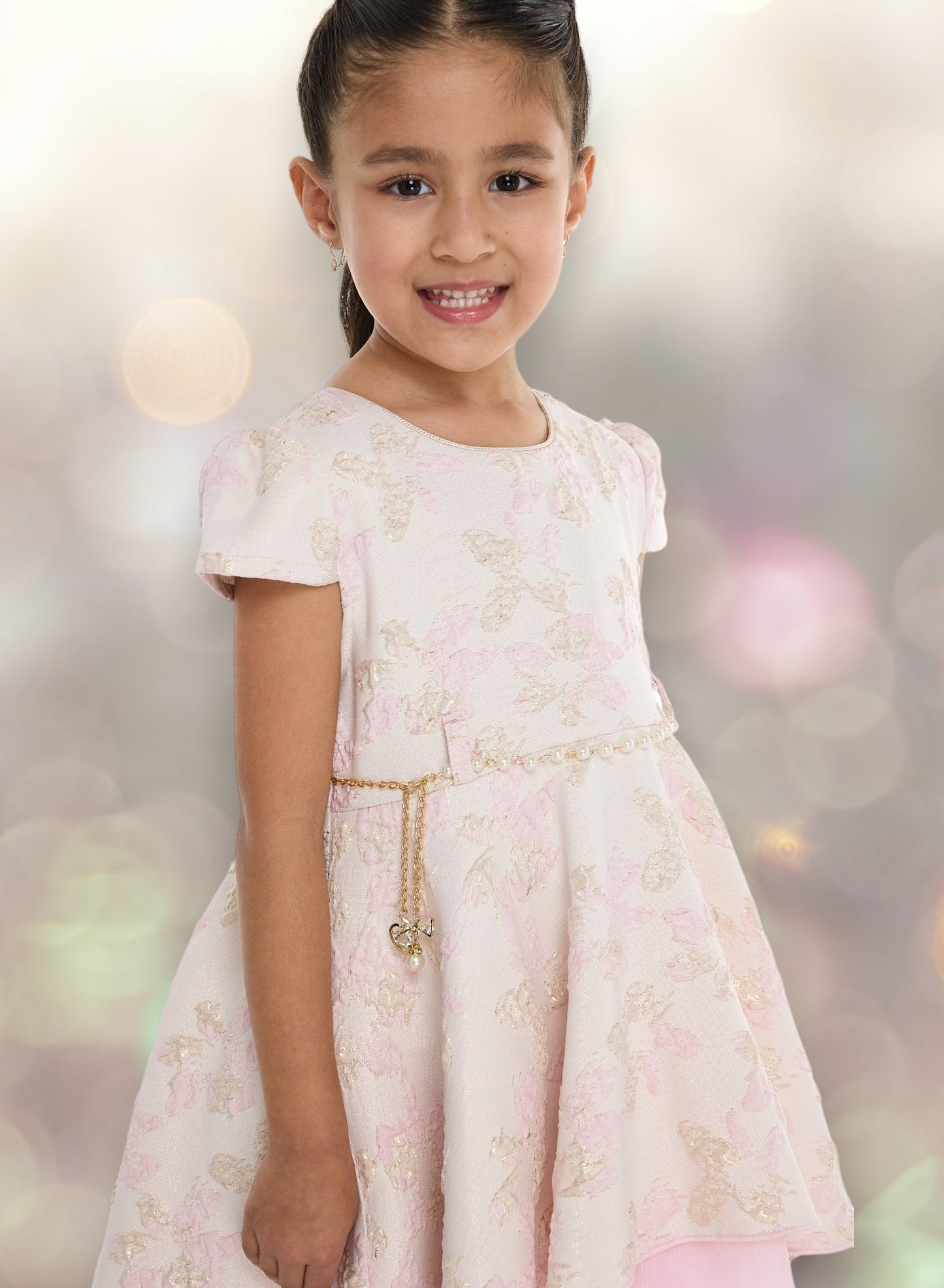 Girls Chic Pink/Gold Jacquard & Tulle Party Dress