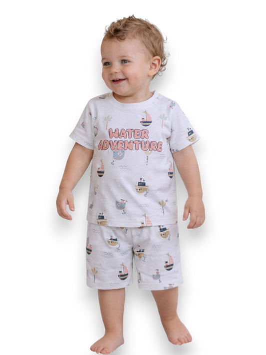 Infant Boys “Little Adventure” Print Cotton Pajama Set – T-Shirt & Shorts Nightwear