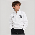 victor and jane boys white half zip fleece sweatshirt with Paris Athletic Club logo and black jogger pants