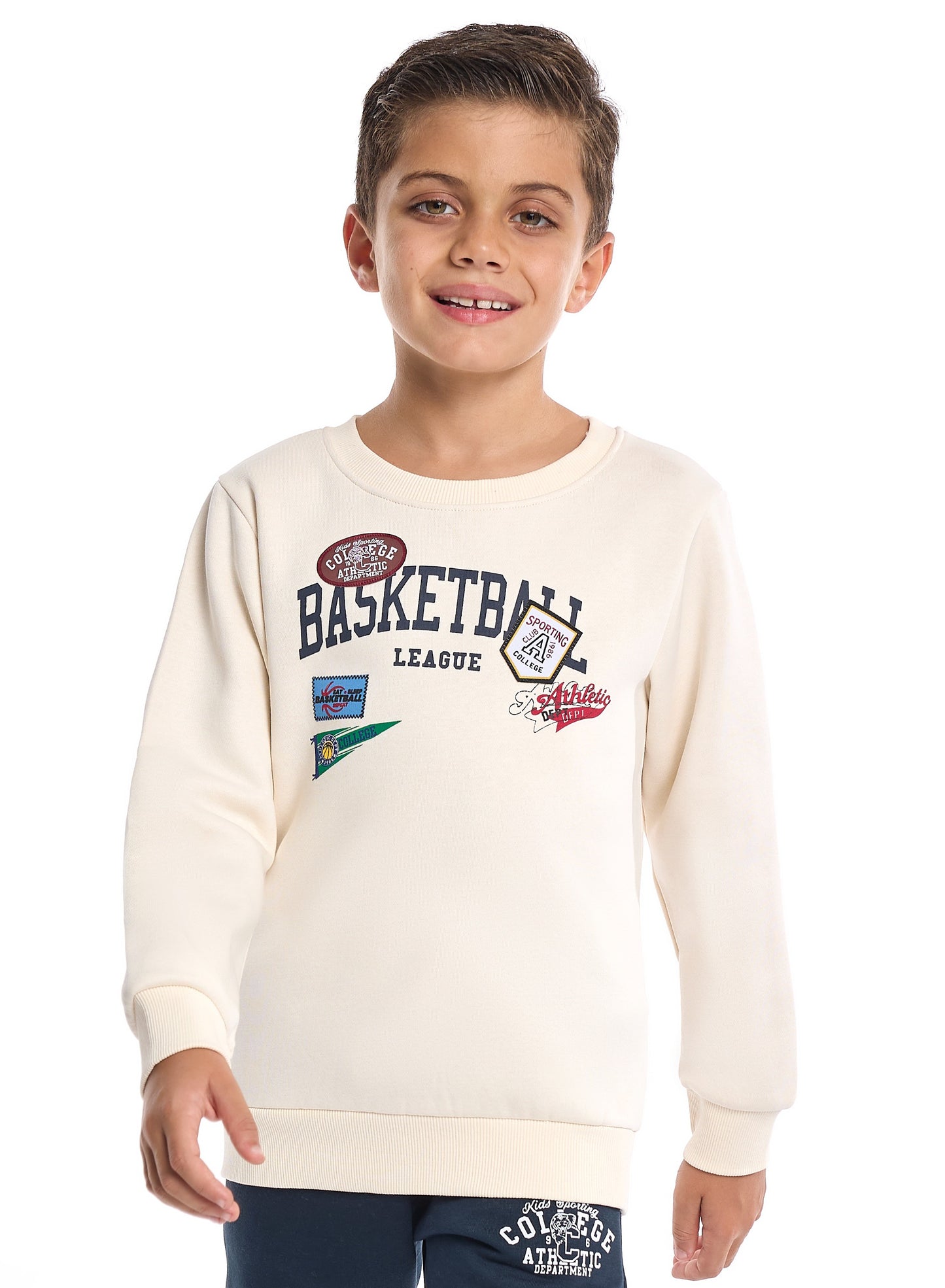 Boys’ Basketball League Fleece Set – Cream Sweatshirt & Navy Joggers