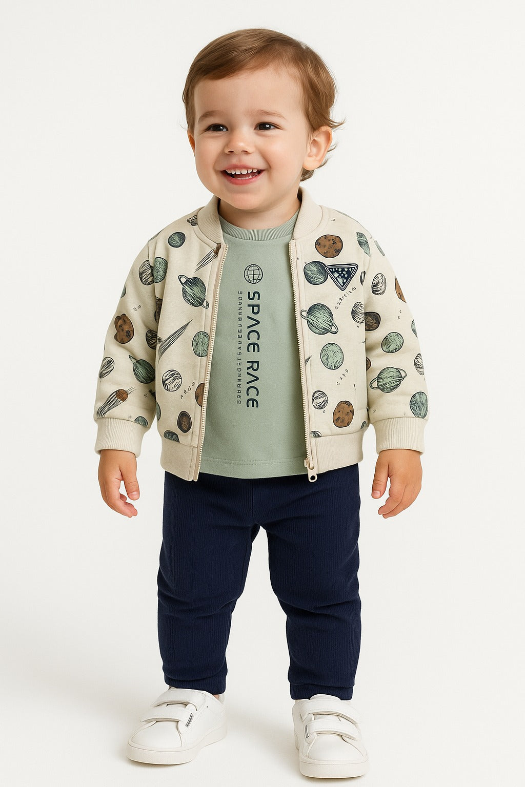 Dirkje Space Race Printed T-Shirt With Pant And Jacket Set - White/Navy