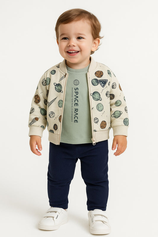 Infant Boys Space Race 3-Piece Fleece Set – Cream & Navy