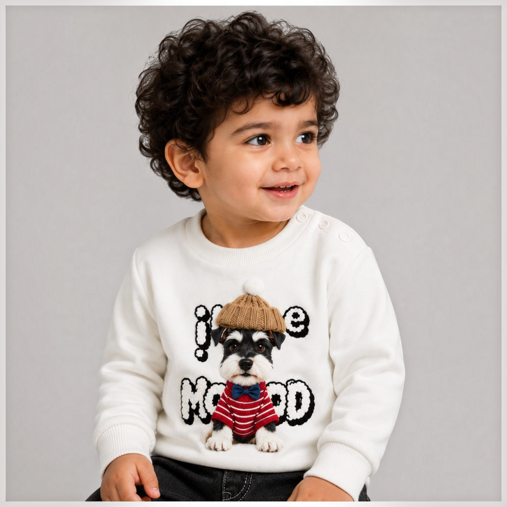 Toddler boy wearing a victor and jane white cotton sweatshirt with a cute puppy graphic and denim pants