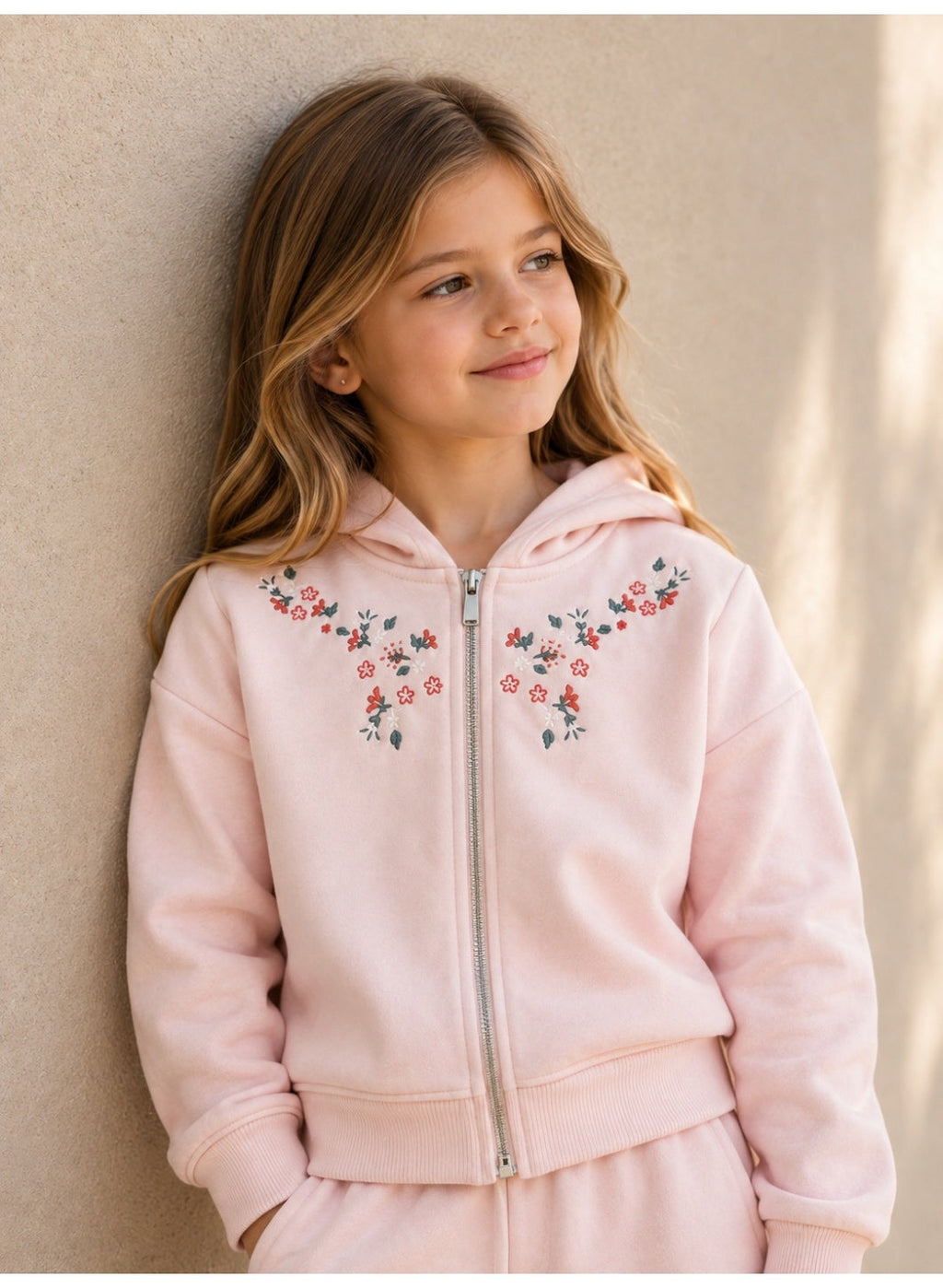 Girls Floral Detail Full Zip Sweatshirt Hoodie and Wide Leg Pants Set