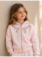 Girls Floral Detail Full Zip Sweatshirt Hoodie and Wide Leg Pants Set