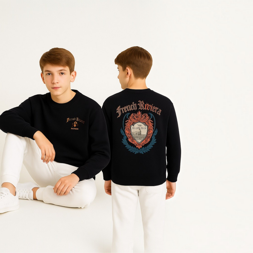 victor and jane boys black graphic sweatshirt with French Riviera crest print on back and small logo on front