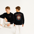 victor and jane boys black graphic sweatshirt with French Riviera crest print on back and small logo on front