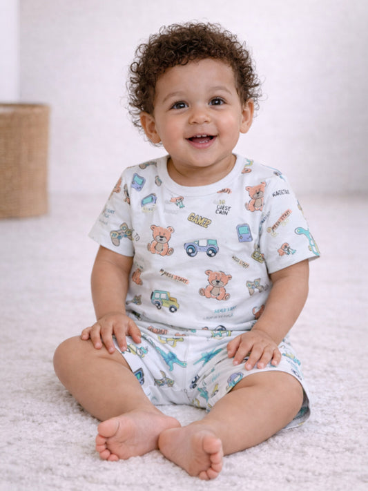Infant Boys Vehicle Print Cotton Pajama Set – Soft T-Shirt & Shorts Nightwear
