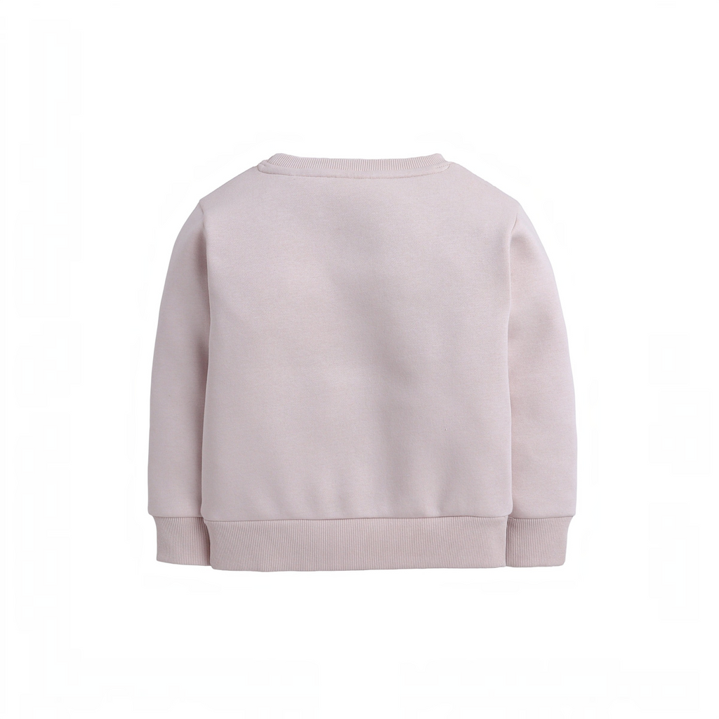 Back view of a plain light pink girls sweatshirt by victor and jane with ribbed cuffs and hem