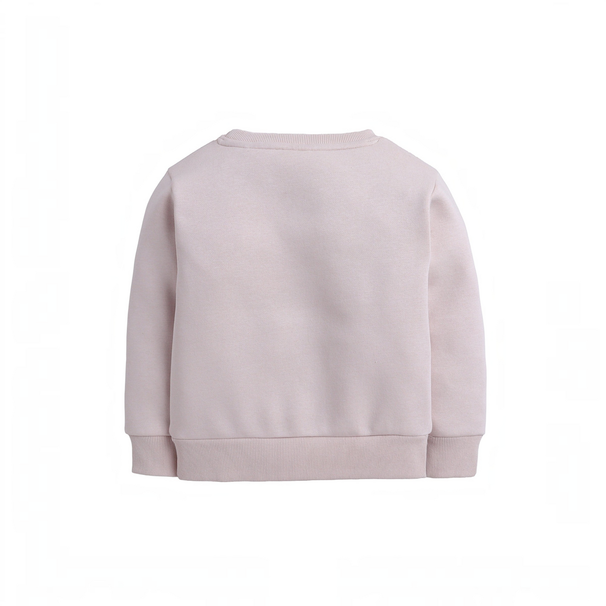 Back view of a plain light pink girls sweatshirt by victor and jane with ribbed cuffs and hem