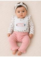Baby Girls Floral Bodysuit, Pants and Bib Set with Headband (4-Piece)