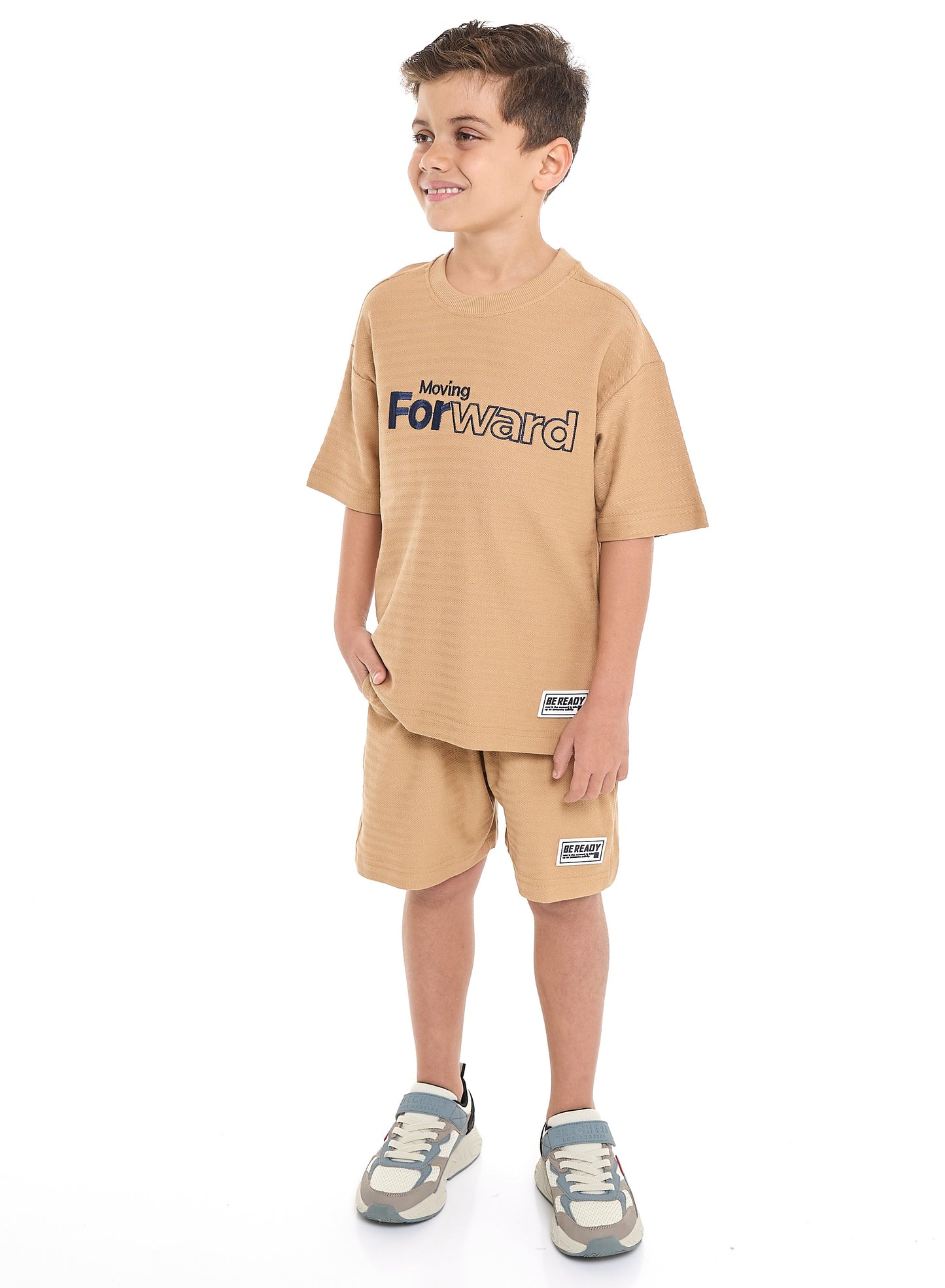 Victor and Jane Boys' Jacquard Set – Sand Colour Striped Design with Textured Material
