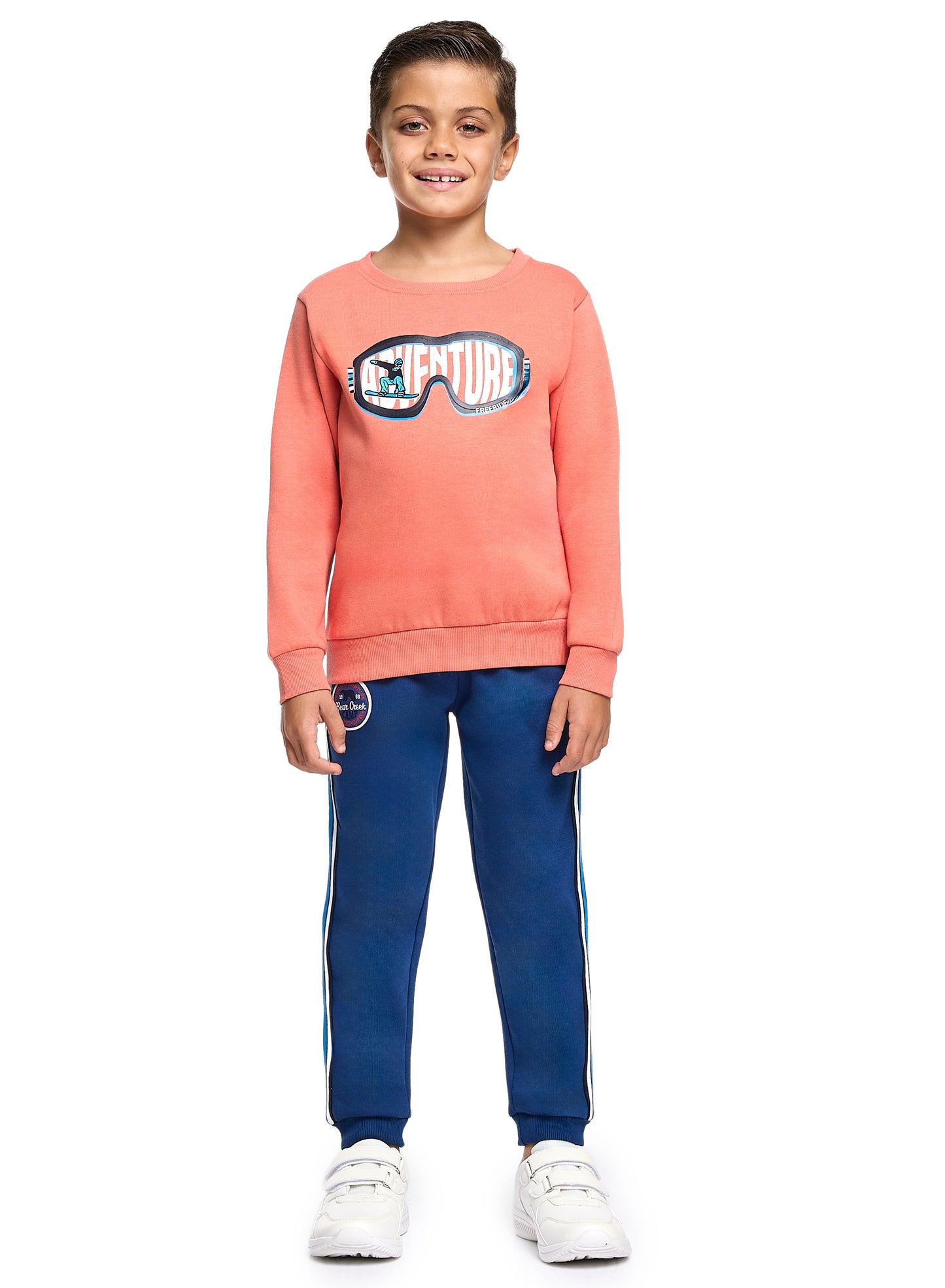 Boys’ Warm Fleece Sweatshirt & Jogger Set – “Adventure” Graphic | Coral & Navy