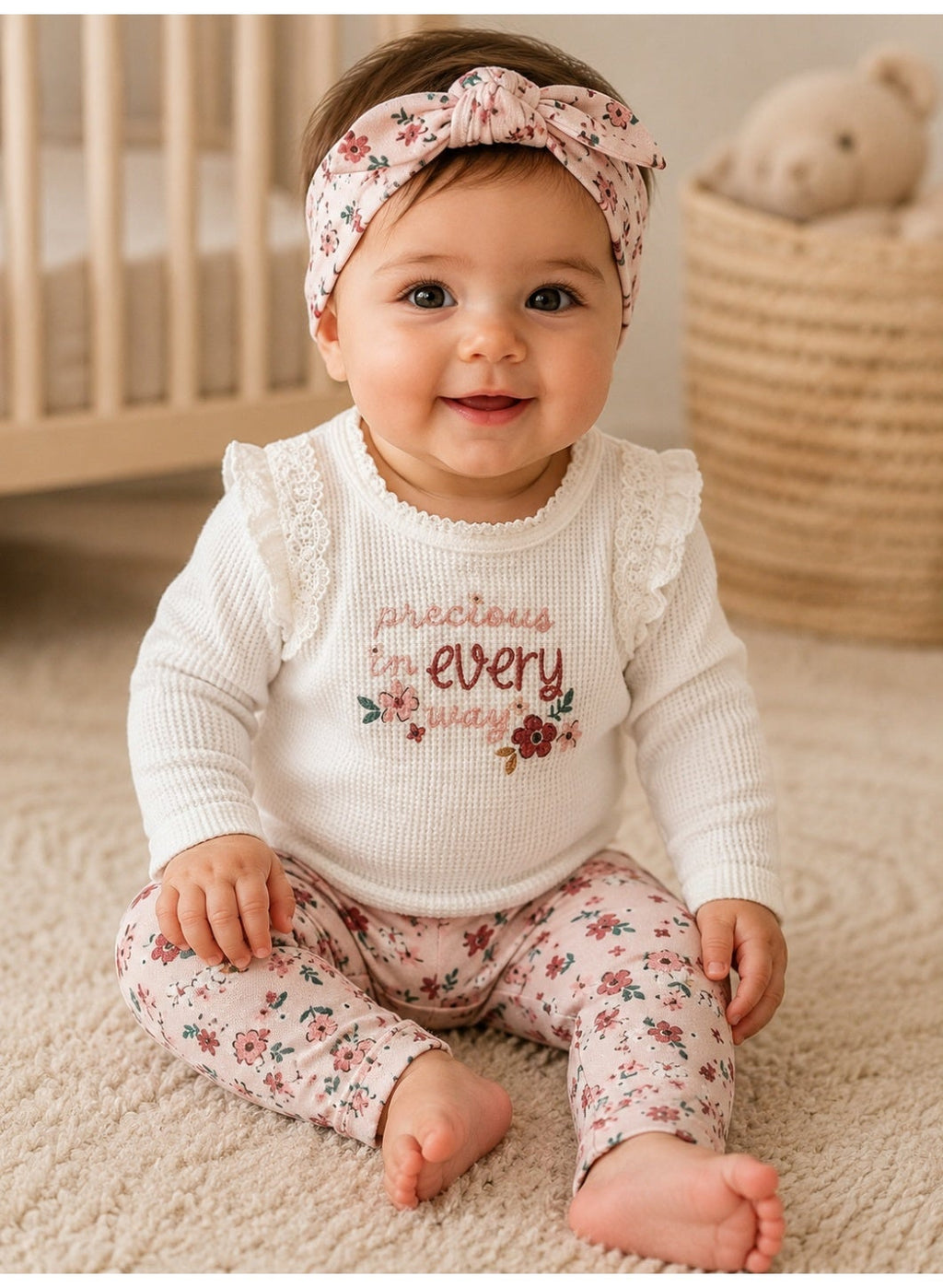 Baby Girls Long Sleeve Bodysuit and Floral Pants Set with Headband (3-Piece)