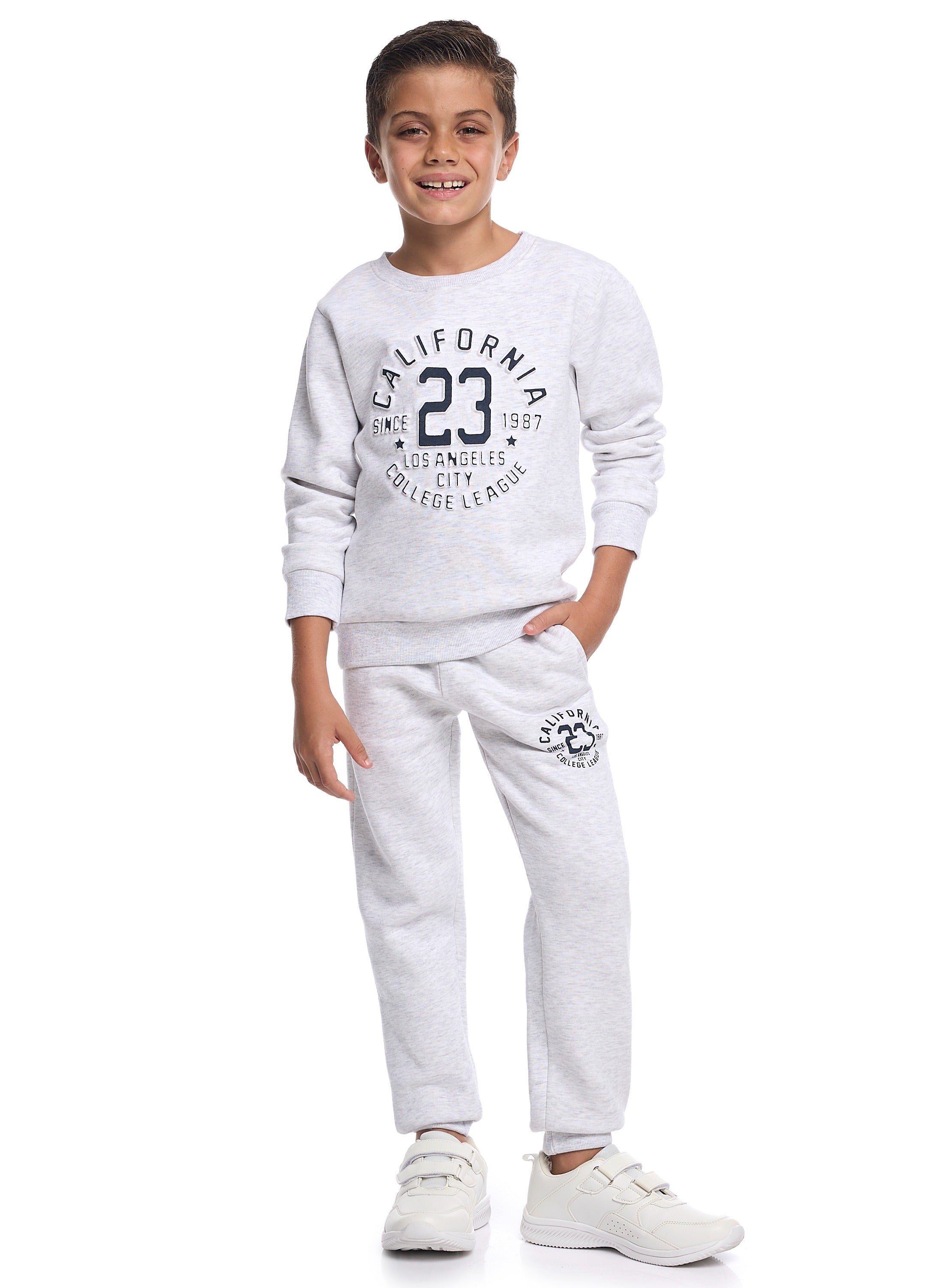 Victor And Jane Cotton California 23 Graphic Full Sleeves Sweatshirt & Joggers Co-Ord Set - Grey Melange