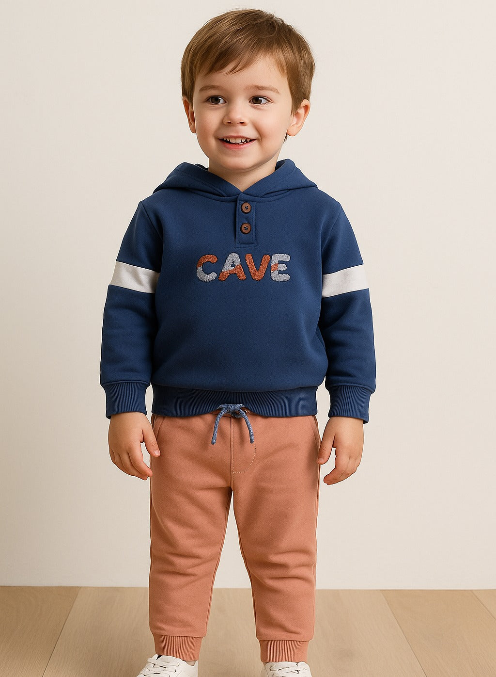 Boys “M.A.N. Cave” Fleece Hoodie & Joggers Set – Navy & Coral