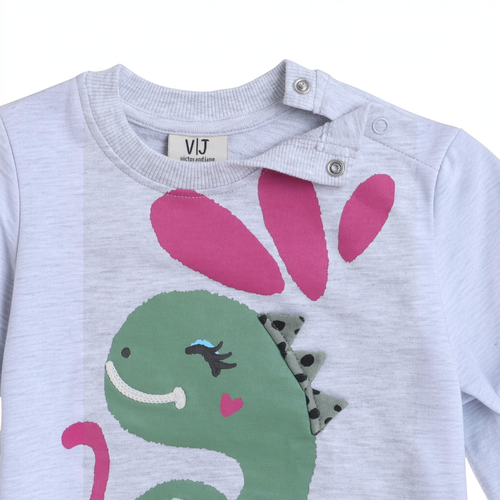victor and jane light grey baby sweatshirt with a cute green dinosaur graphic and pink accents