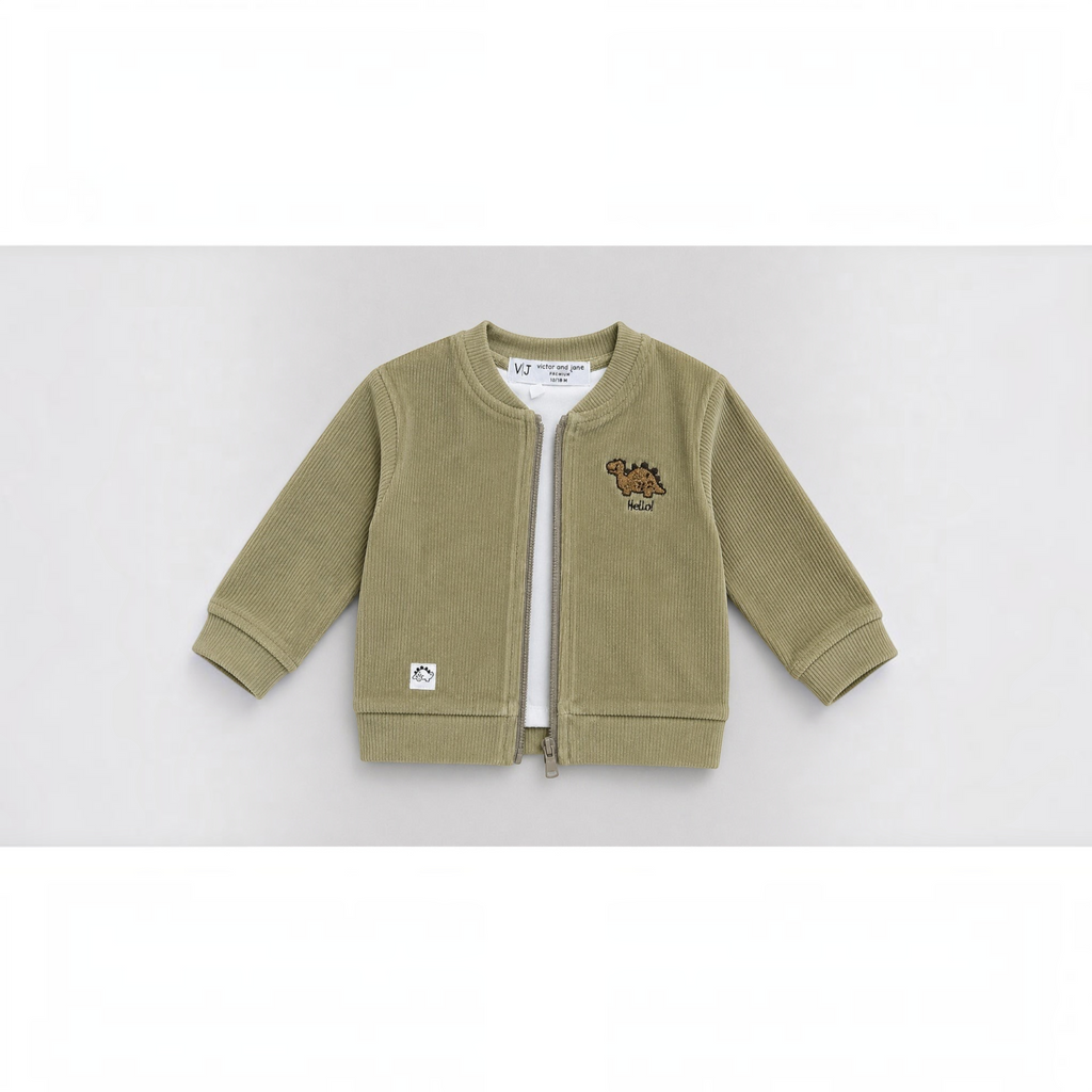 victor and jane boys olive green corduroy zip jacket with a cute dinosaur embroidery and white inner top