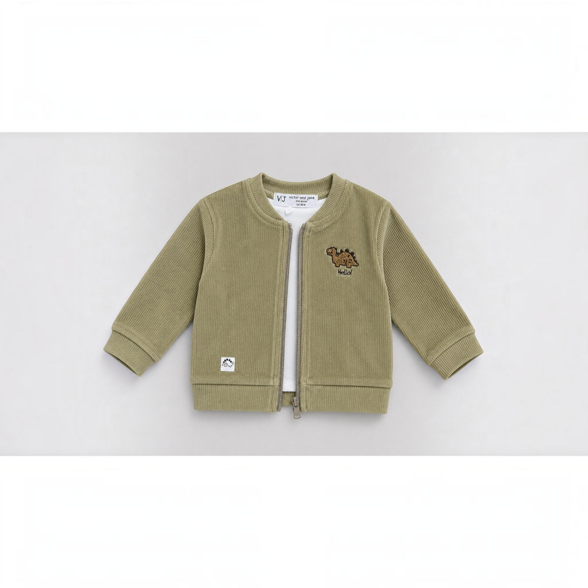 victor and jane boys olive green corduroy zip jacket with a cute dinosaur embroidery and white inner top