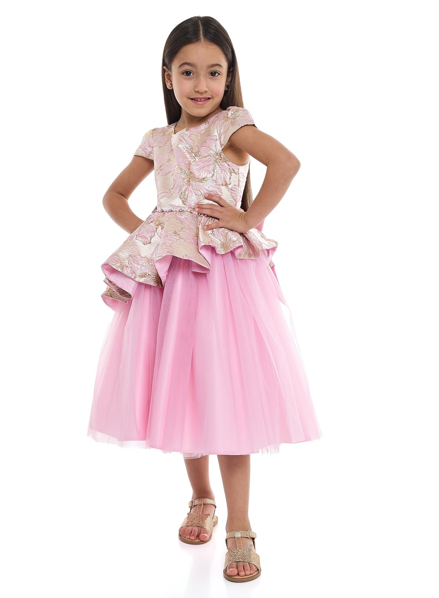 Girls Elegant Pink/Gold Jacquard & Tulle Party Dress