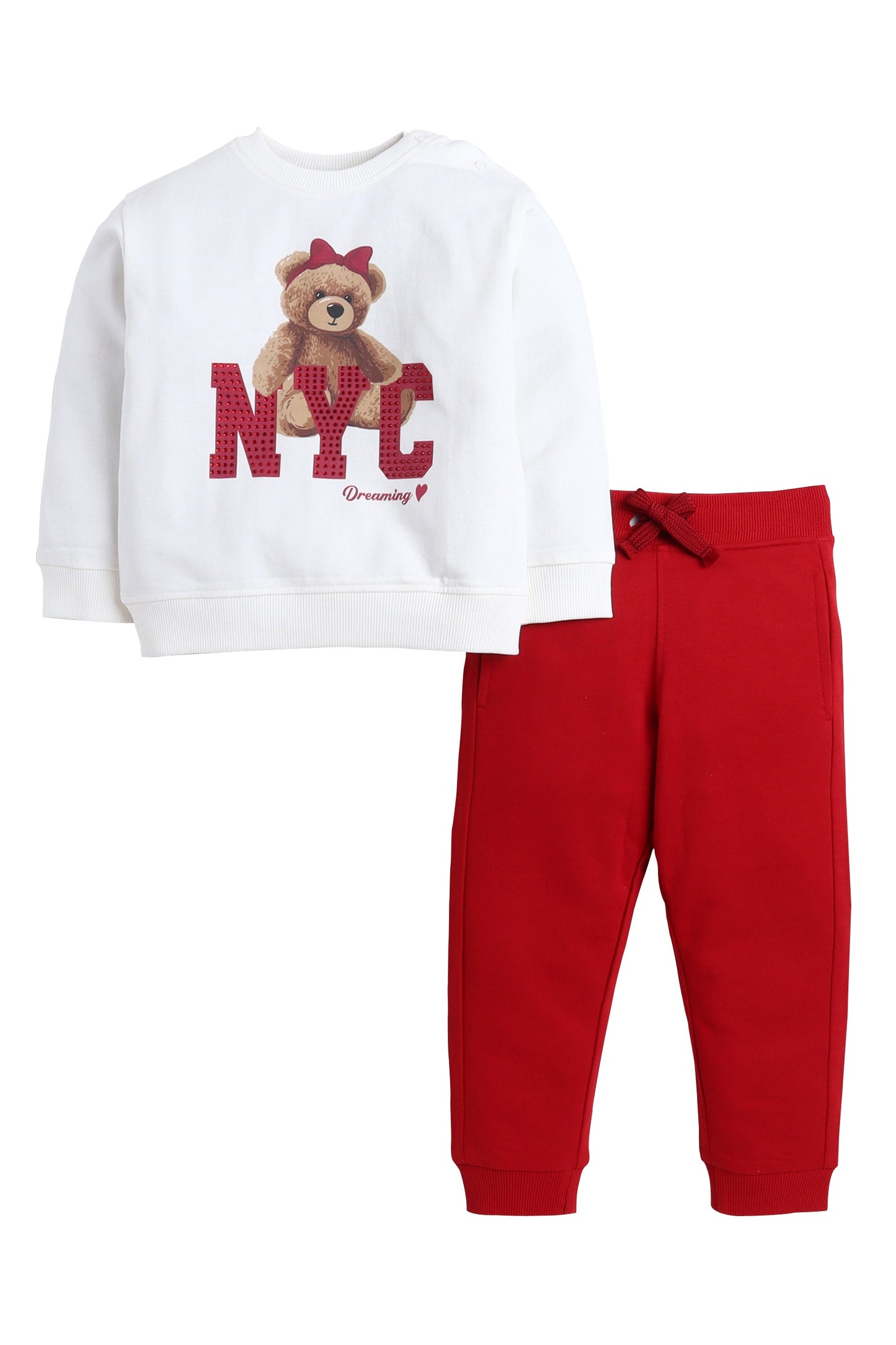 Baby Girl NYC Bear Fleece Tracksuit – Cream & Red 2-Piece Set