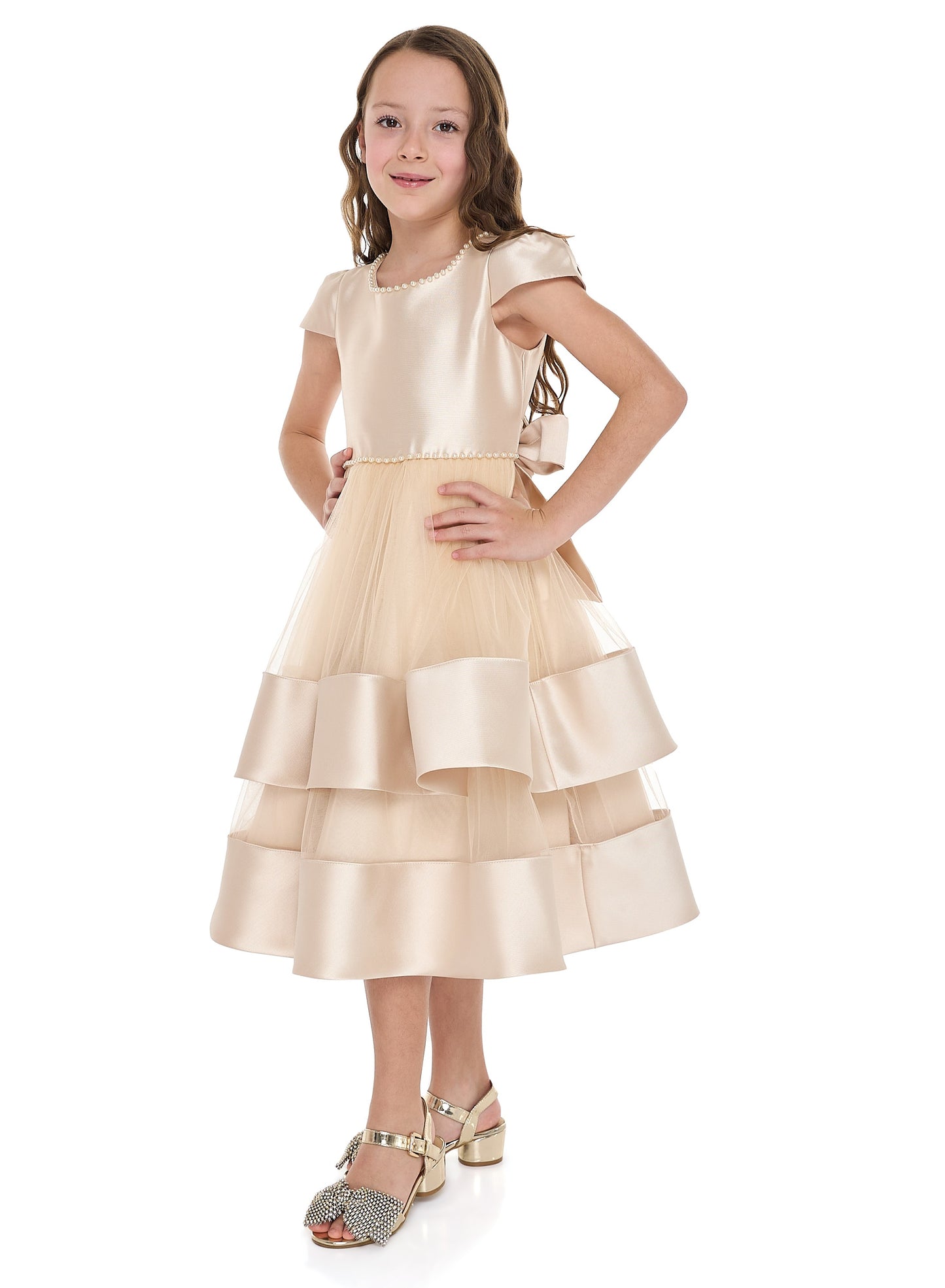 Chic Champagne Satin  Party Dress With Mesh & Decoration
