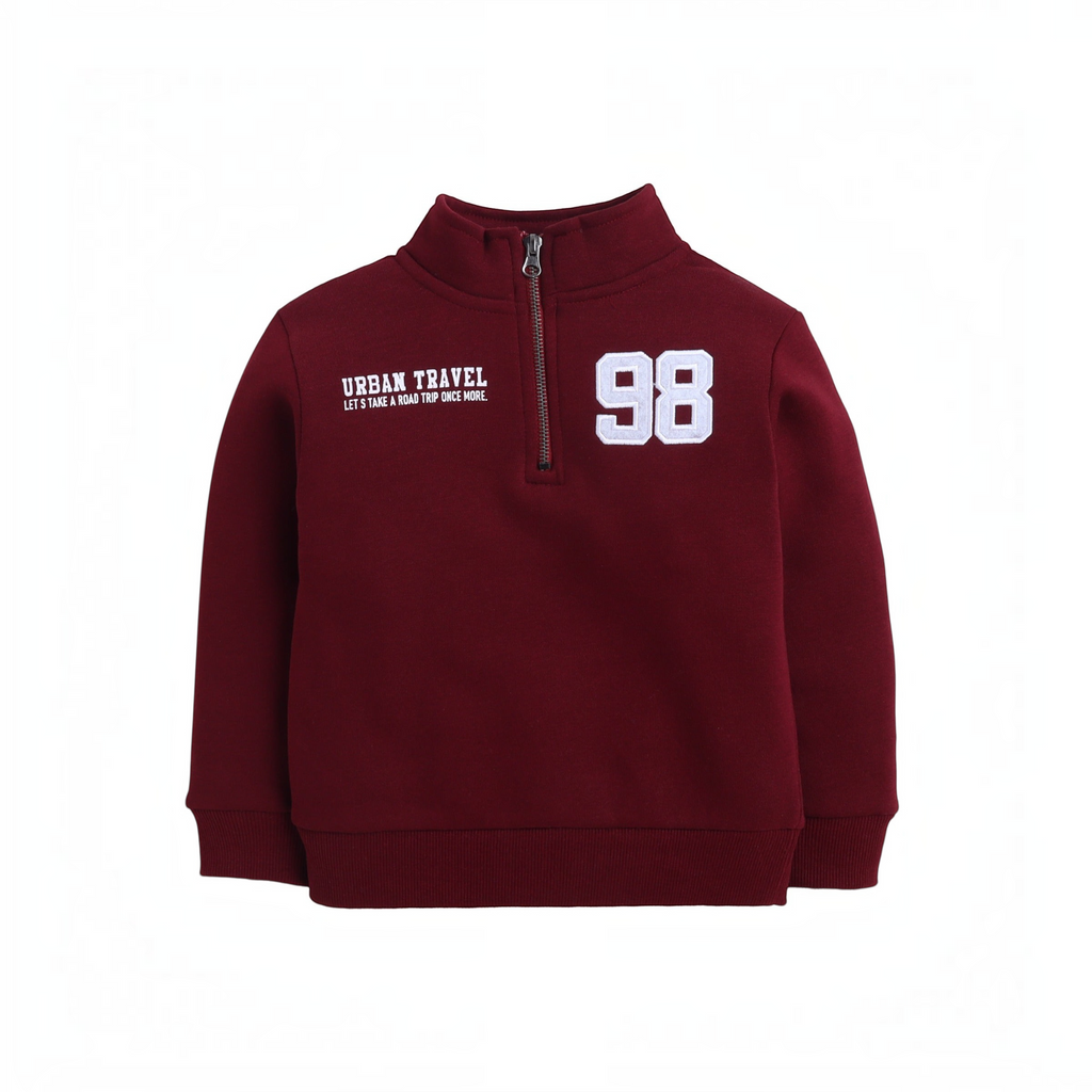 victor and jane boys burgundy quarter-zip sweatshirt with Urban Travel text and number 98 graphic
