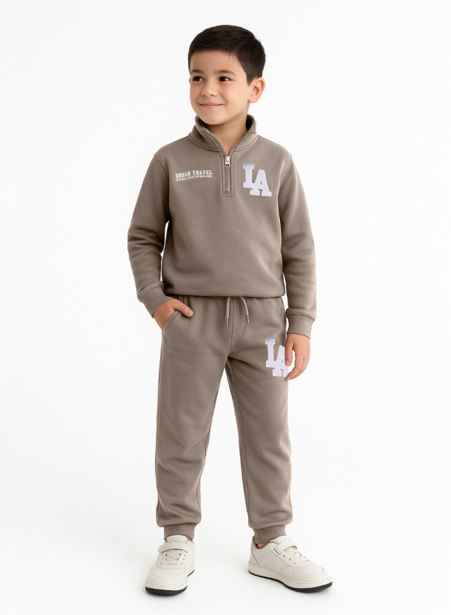 Boys LA Zip-Neck Fleece Tracksuit - Olive Green