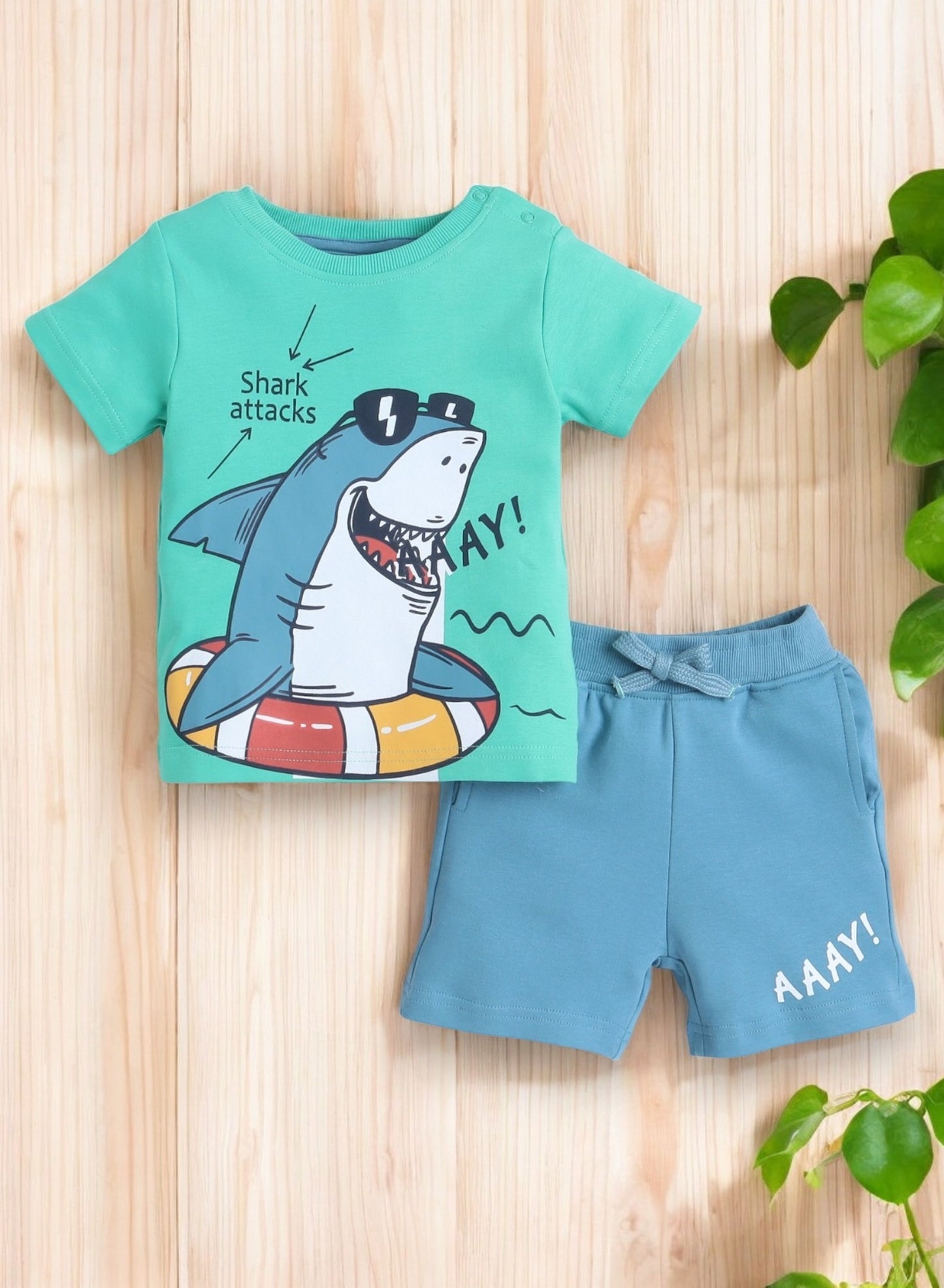 Victor and Jane Infant 2PC Set, Green T-Shirt with Cute Shark And Blue Shorts