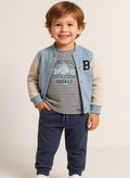 Dirkje Cotton Super Hockey League Patched Printed & Striped Bomber Jacket With T-Shirt And Joggers Set - White/Blue