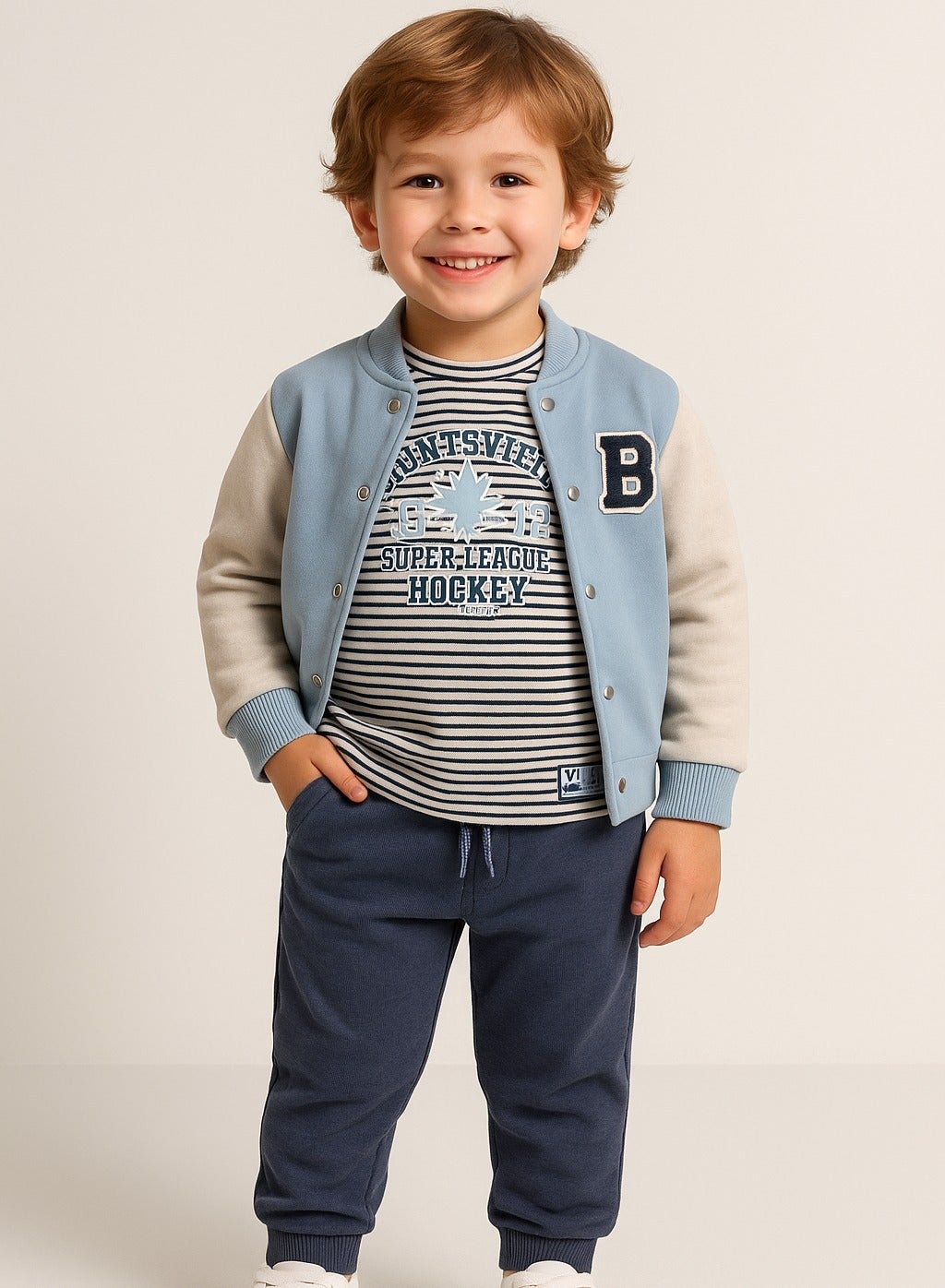 Dirkje Cotton Super Hockey League Patched Printed & Striped Bomber Jacket With T-Shirt And Joggers Set - White/Blue