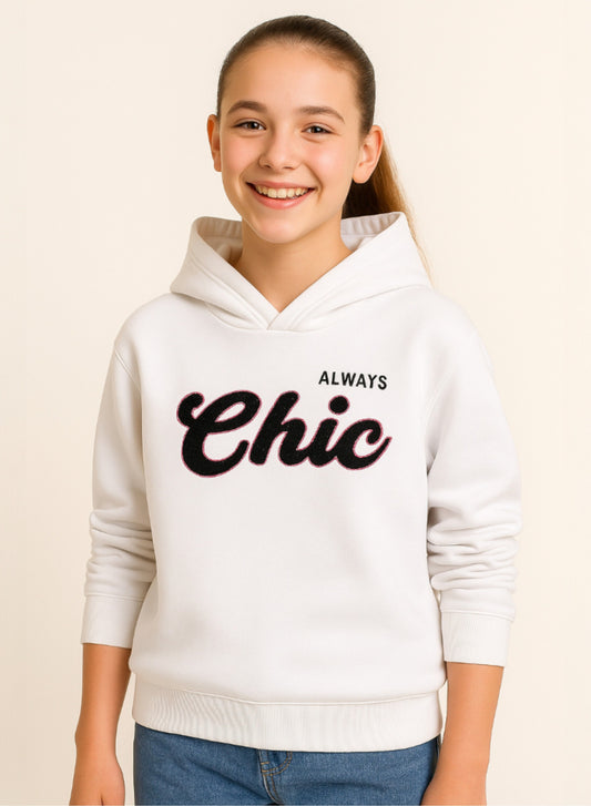 “Always Chic” Hoodie for Girls – Off-White | 100% Cotton Fleece |