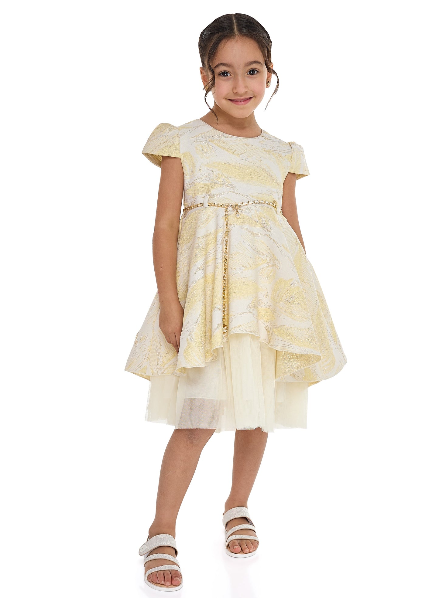 Girls Chic Yellow/Gold Jacquard & Tulle Party Dress