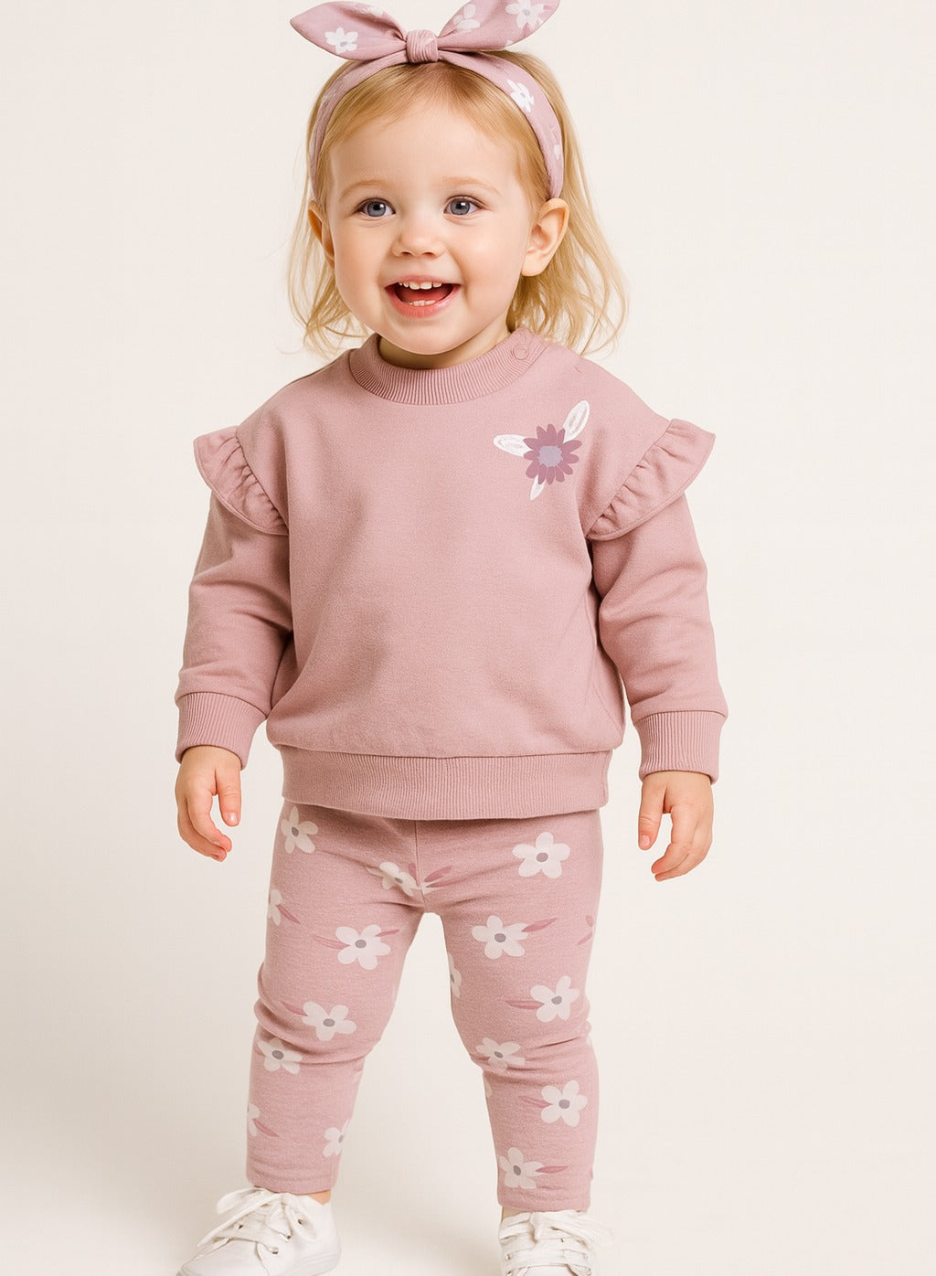 Dirkje Floral Printed Full Sleeves Top With Pant And Headband Set - Pink