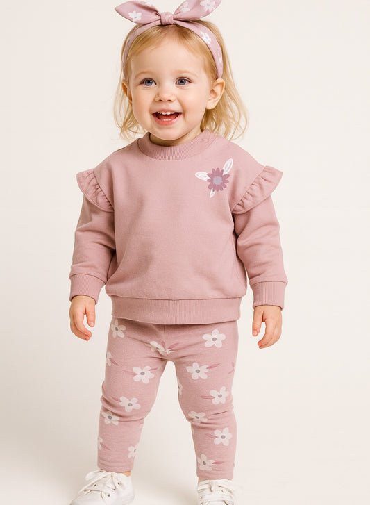 Girls Pink Floral Ruffle Fleece 3-Piece Set (12 M-4 Y)