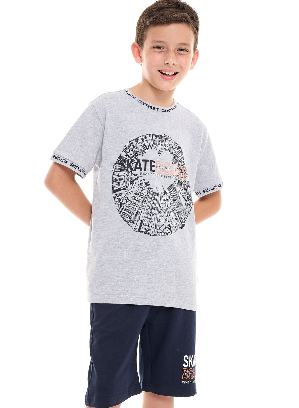 Victor and Jane Skate Doard T-Shirt & Shorts Set - Grey/Navy