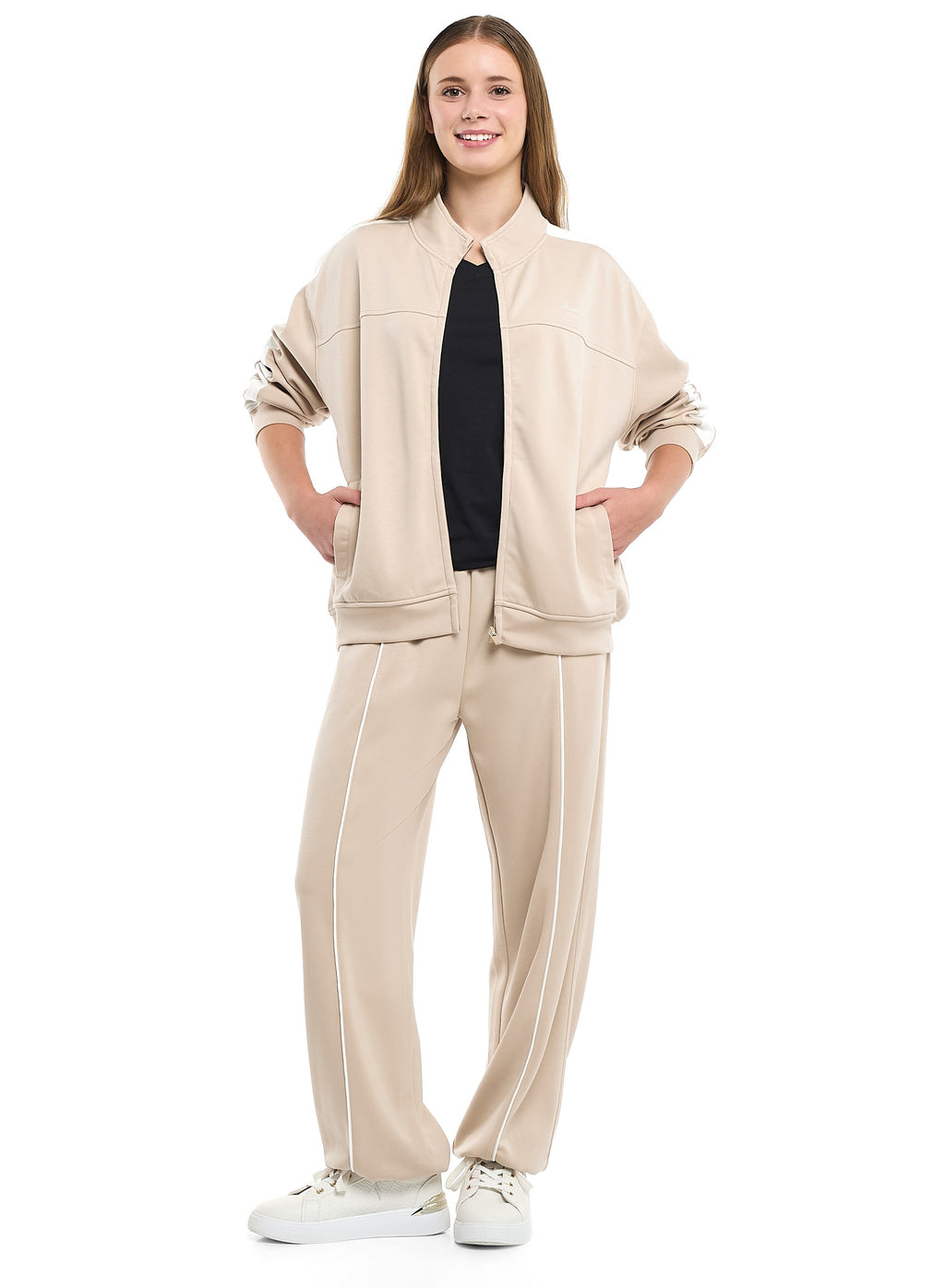Ladies Beige Contrast-Stripe Track Set “ Zip-Up Jacket & Joggers