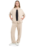 Ladies Beige Contrast-Stripe Track Set “ Zip-Up Jacket & Joggers