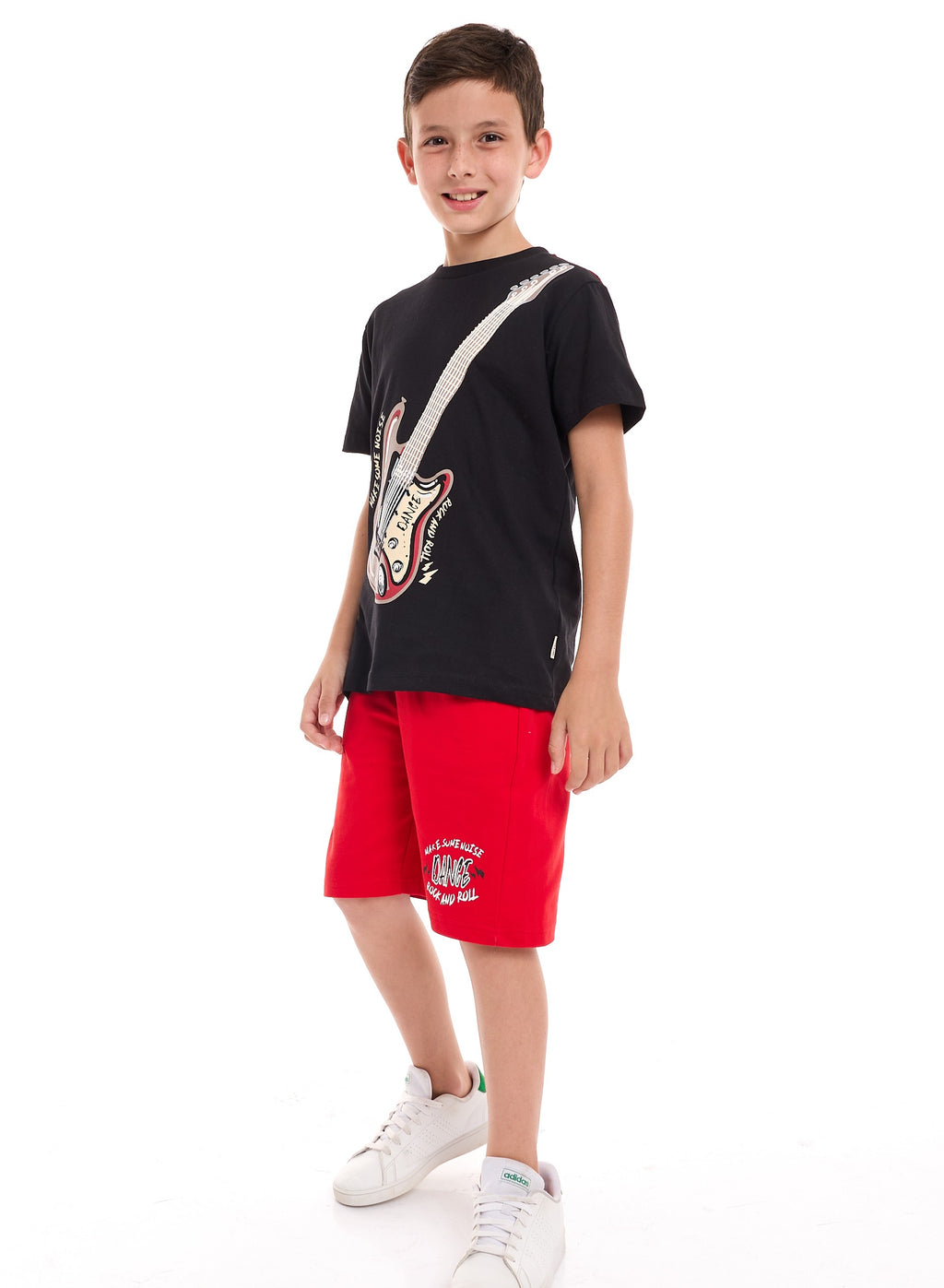Victor and Jane Guitar Graphic T-Shirt & Shorts Set - Black & Red