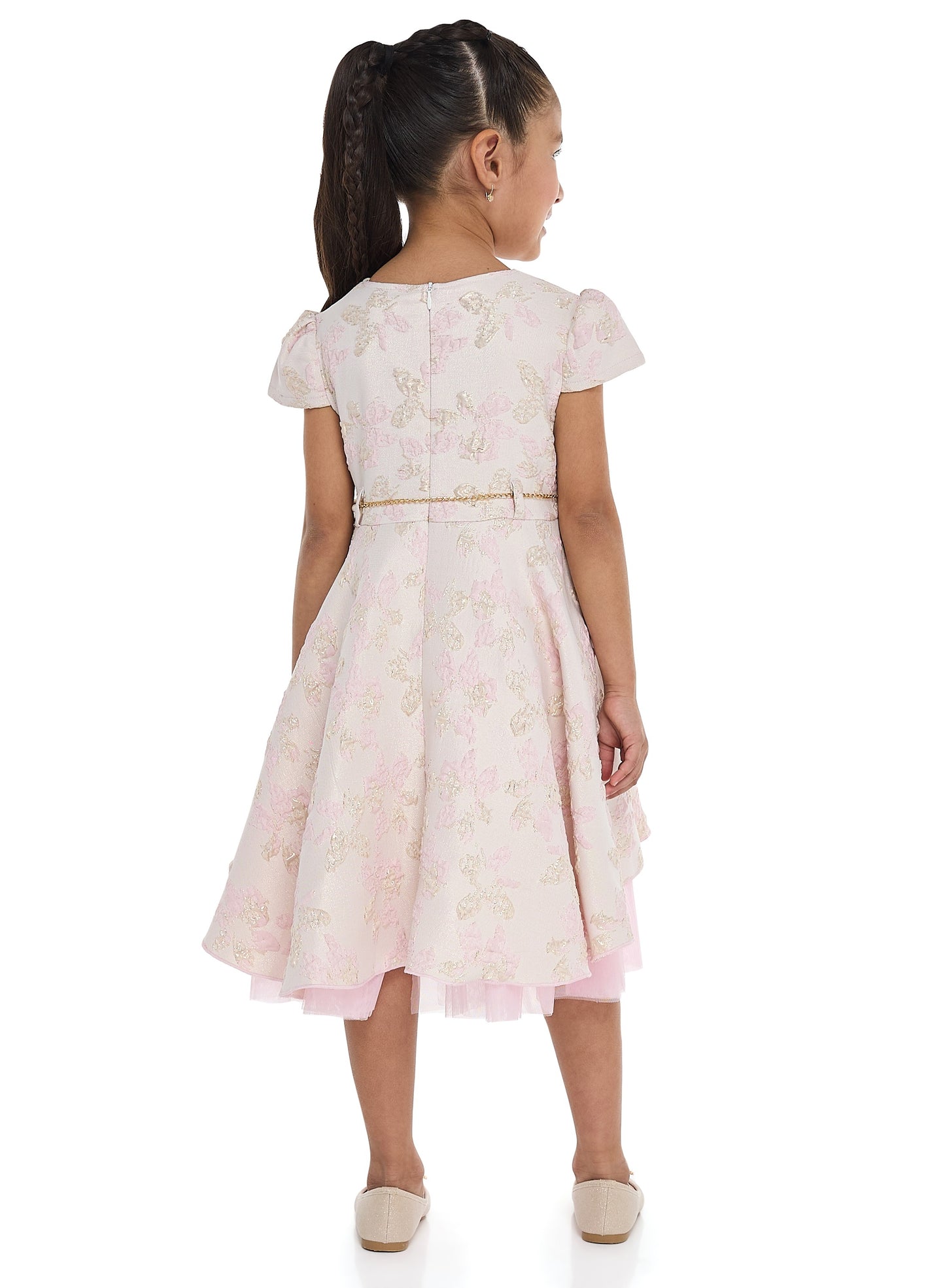 Girls Elegant Pink/Gold Jacquard & Tulle Party Dress